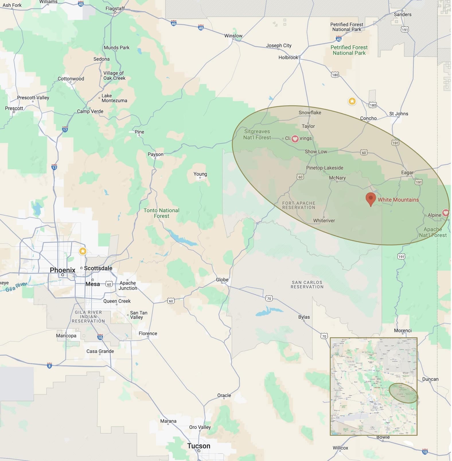 Map Of The Arizona White Mountains Map Of The Arizona White Mountains
